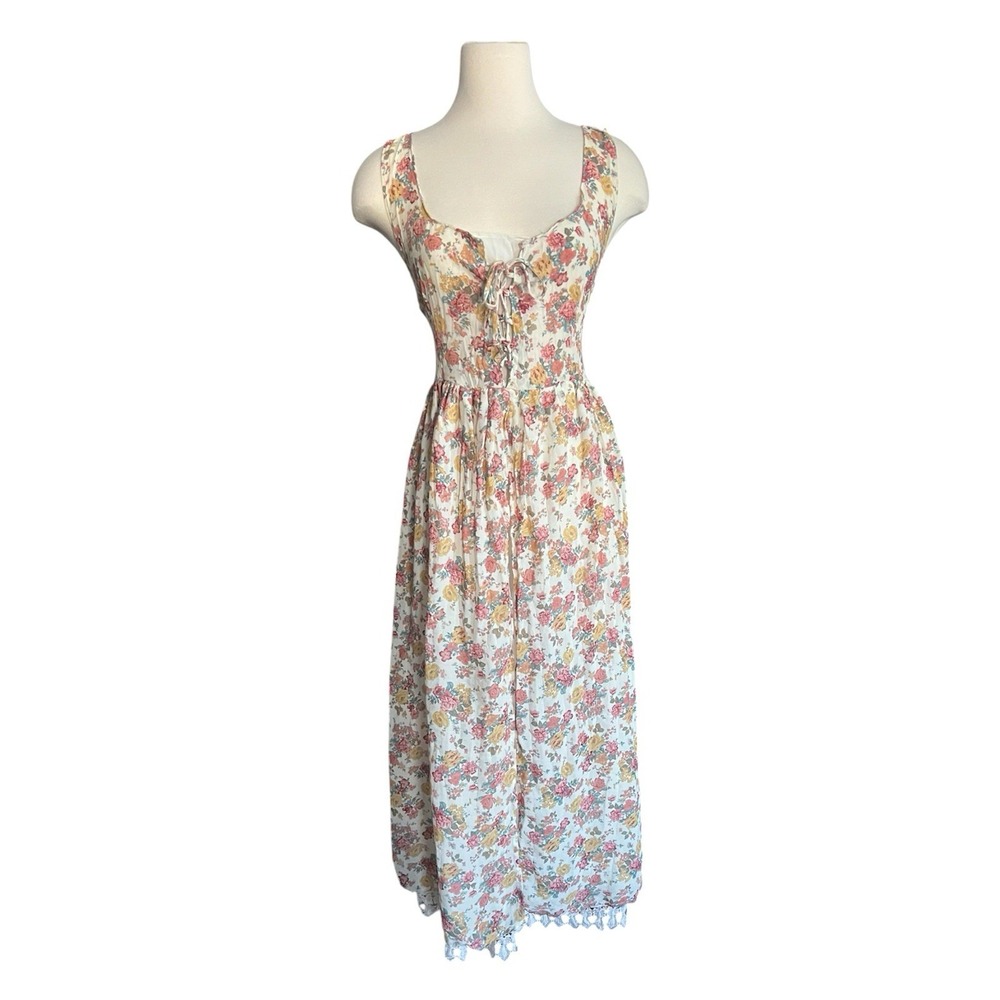 Vintage 90s Ci Sono Los Angeles Floral Milkmaid Maxi Dress Small Lace Up Boho